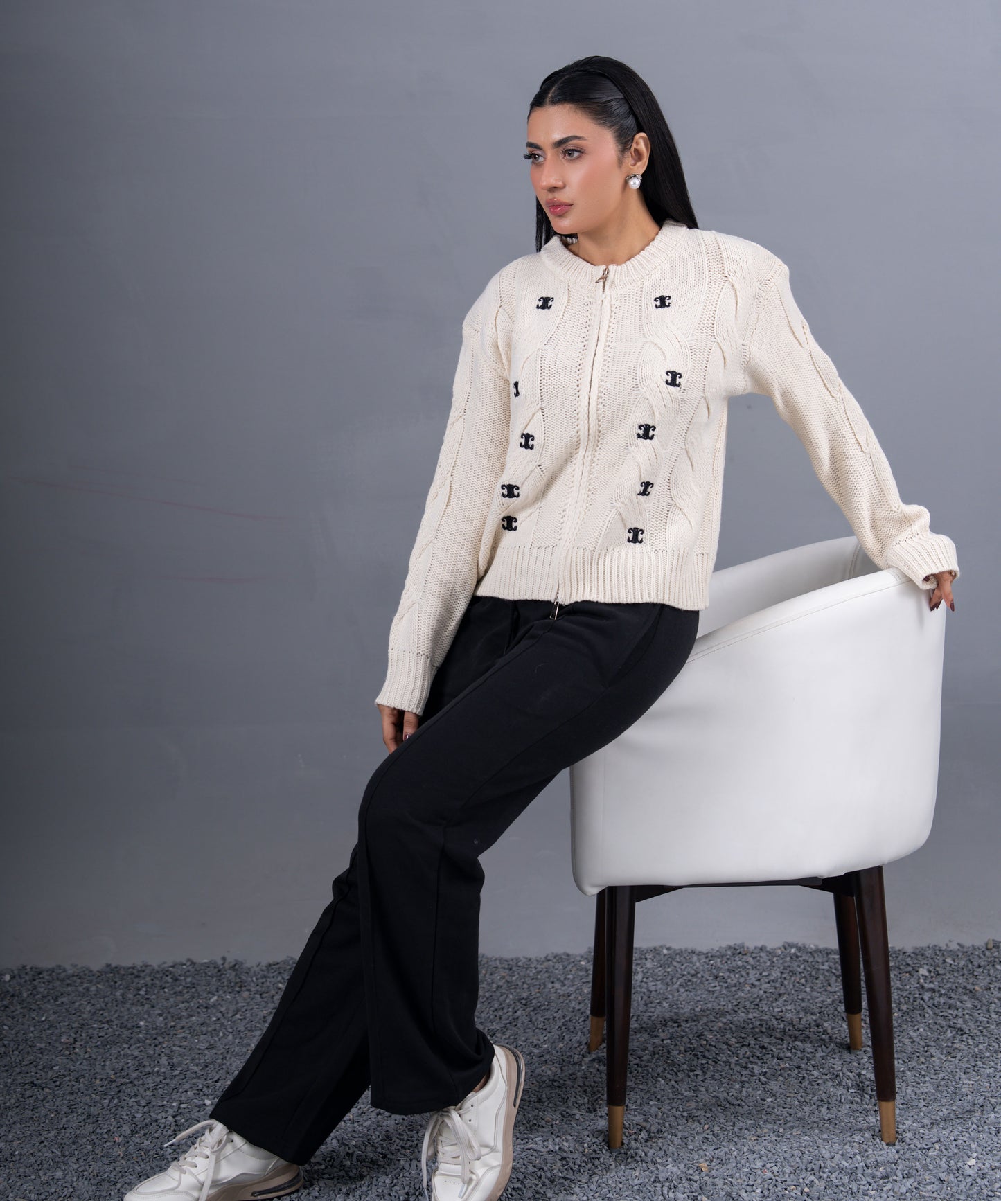 Ivory Cable-Knit Zip Cardigan with Embroidered Motifs