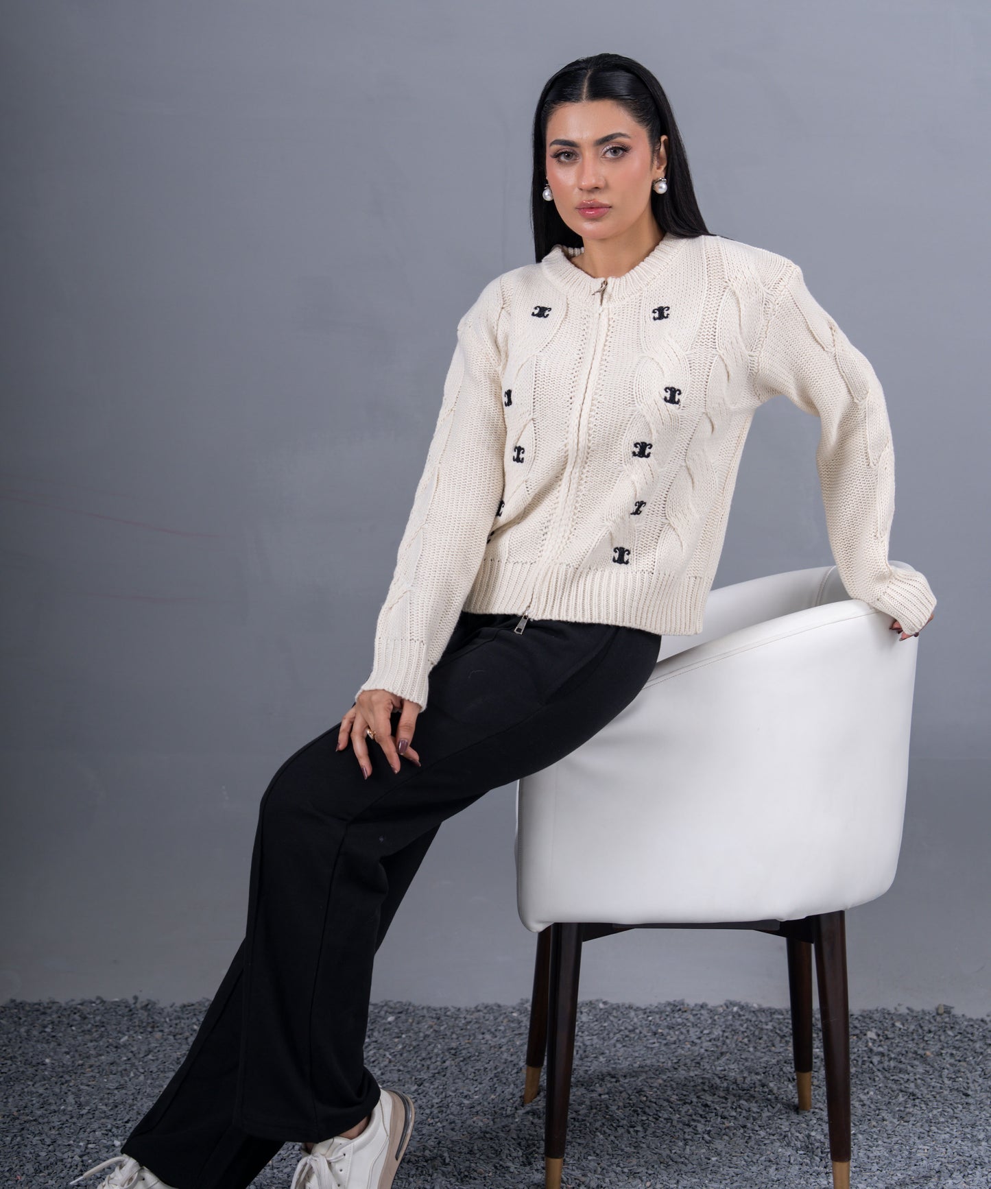 Ivory Cable-Knit Zip Cardigan with Embroidered Motifs