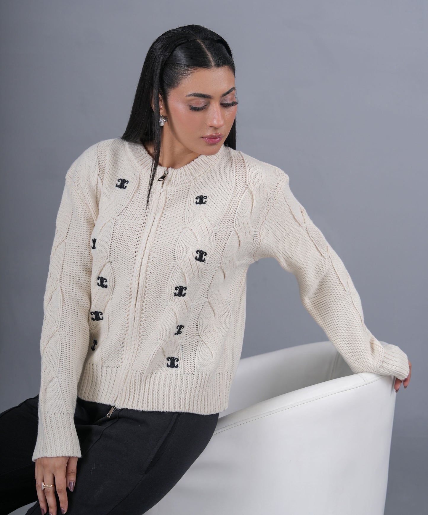 Ivory Cable-Knit Zip Cardigan with Embroidered Motifs