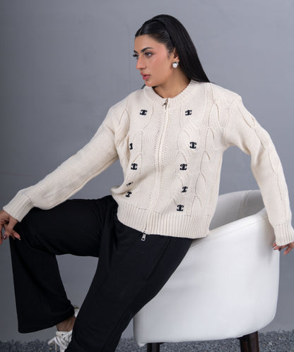 Ivory Cable-Knit Zip Cardigan with Embroidered Motifs
