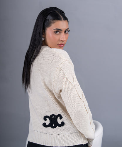 Ivory Cable-Knit Zip Cardigan with Embroidered Motifs