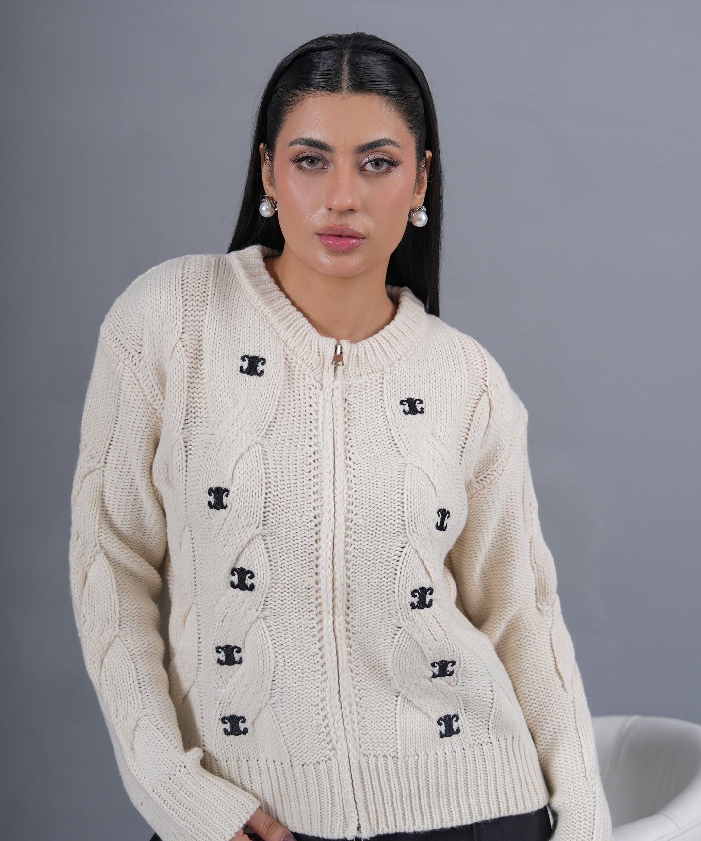 Ivory Cable-Knit Zip Cardigan with Embroidered Motifs