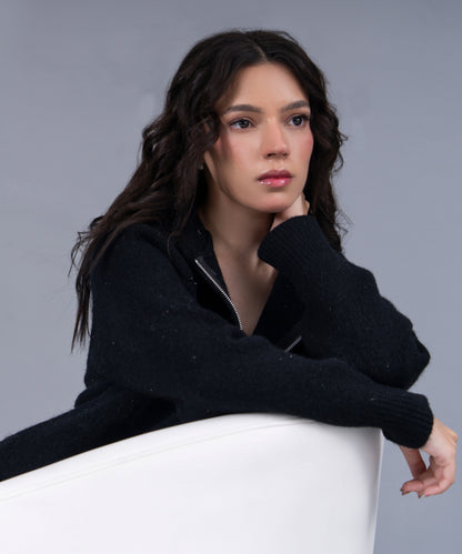 Black Zip-Up Knit Jacket with High Neck