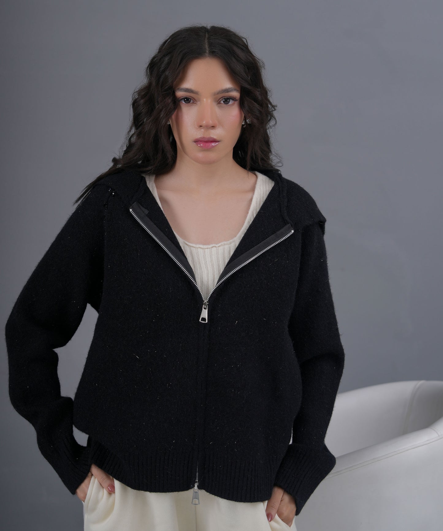 Black Zip-Up Knit Jacket with High Neck
