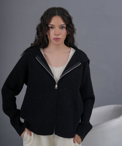 Black Zip-Up Knit Jacket with High Neck