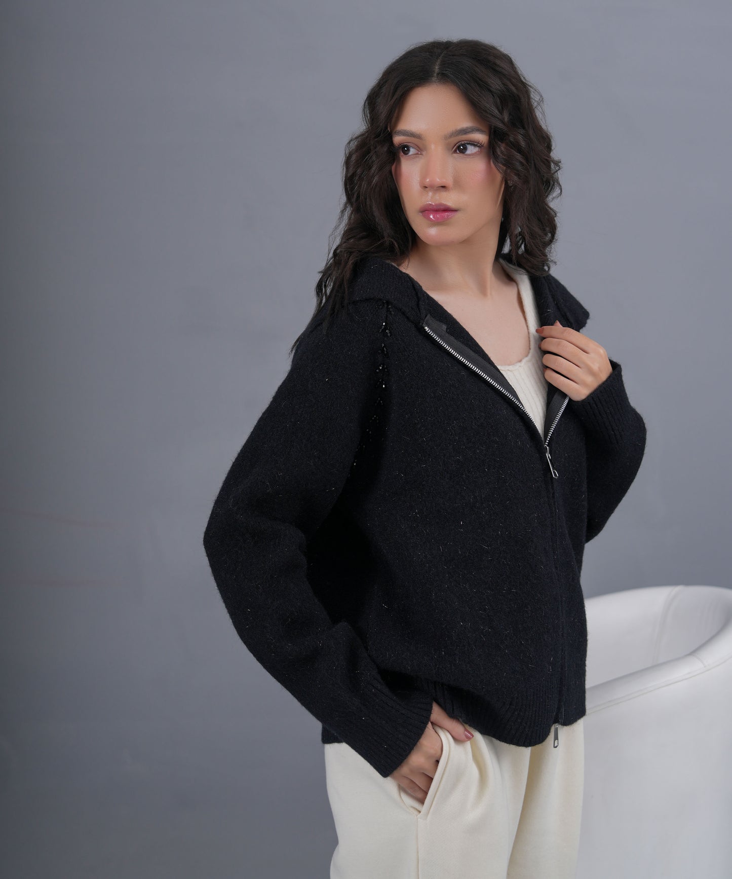 Black Zip-Up Knit Jacket with High Neck