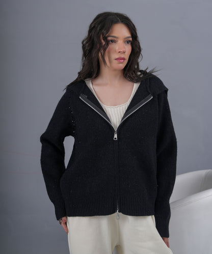 Black Zip-Up Knit Jacket with High Neck