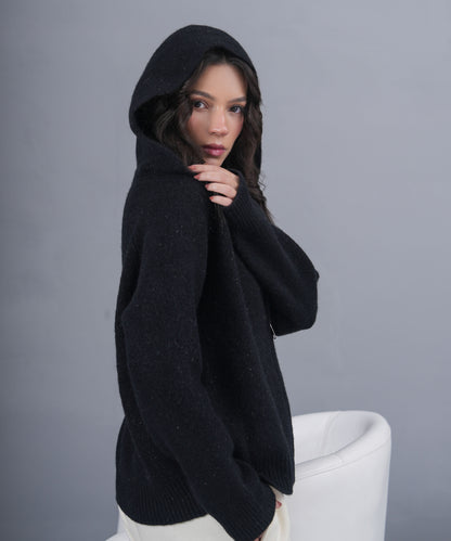 Black Zip-Up Knit Jacket with High Neck