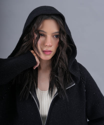 Black Zip-Up Knit Jacket with High Neck