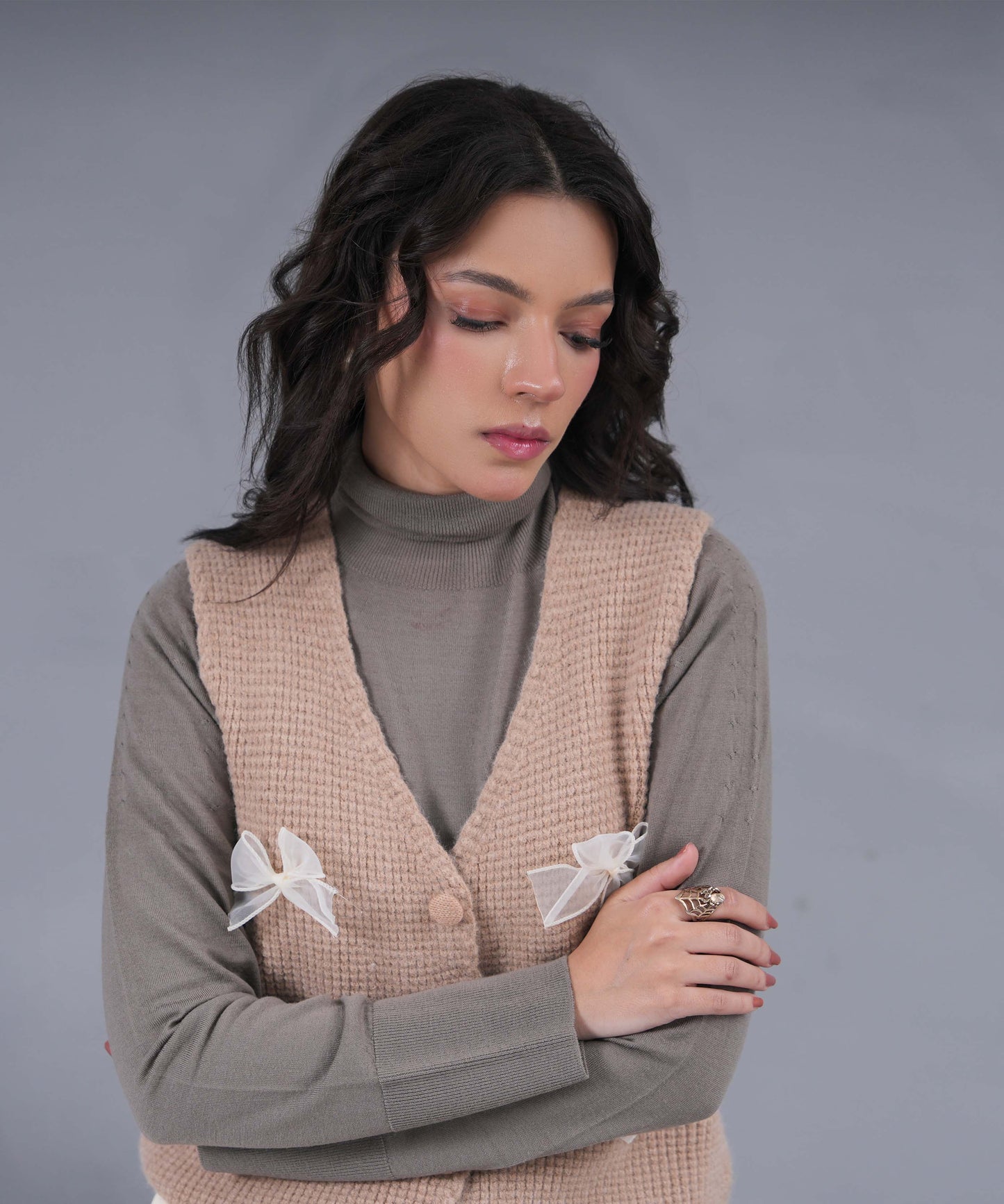 Taupe Turtleneck Knit Sweater