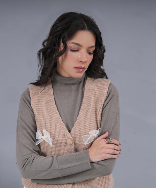 Taupe Turtleneck Knit Sweater