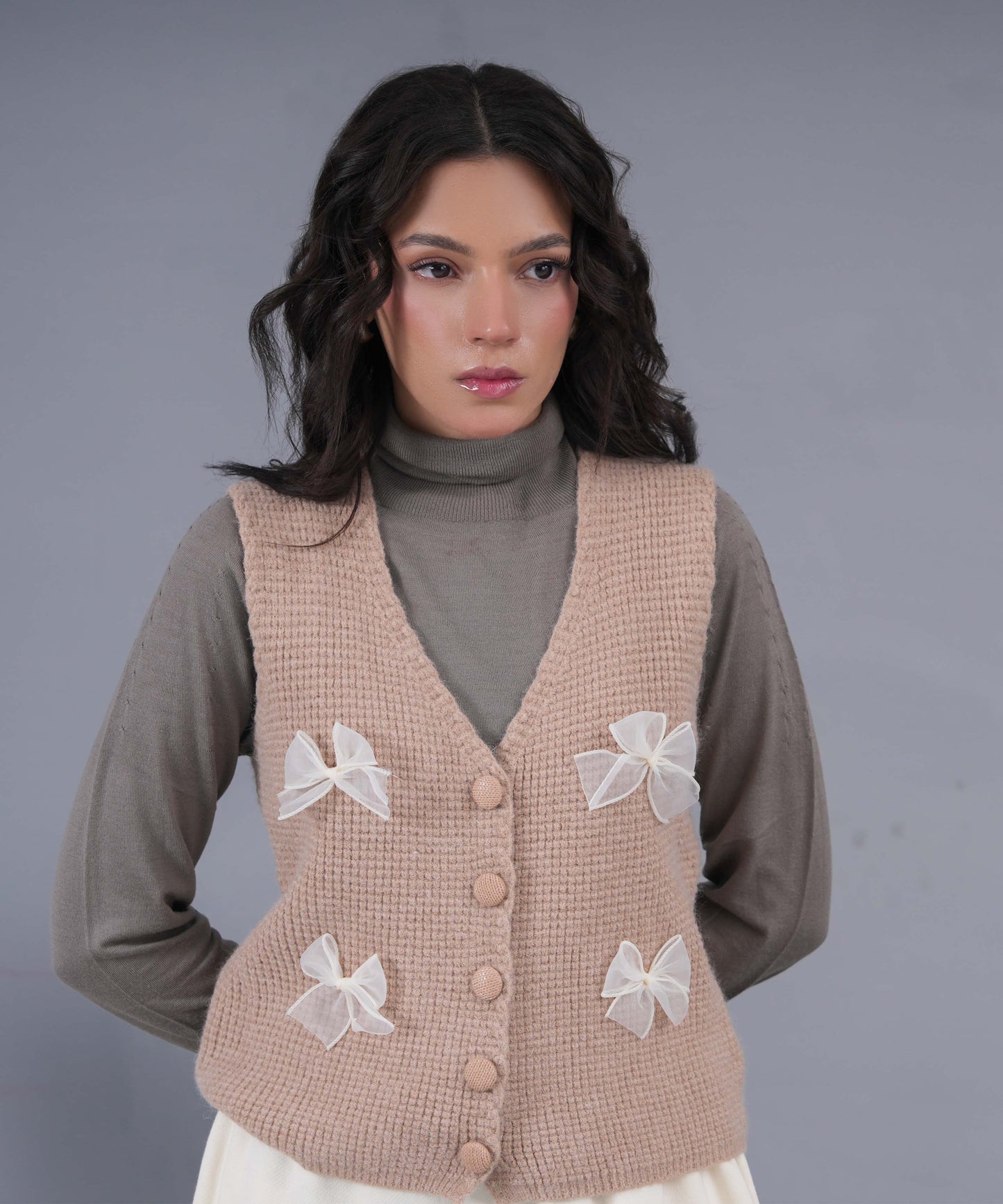 Bow-Detail Knit Vest – Warm Mocha