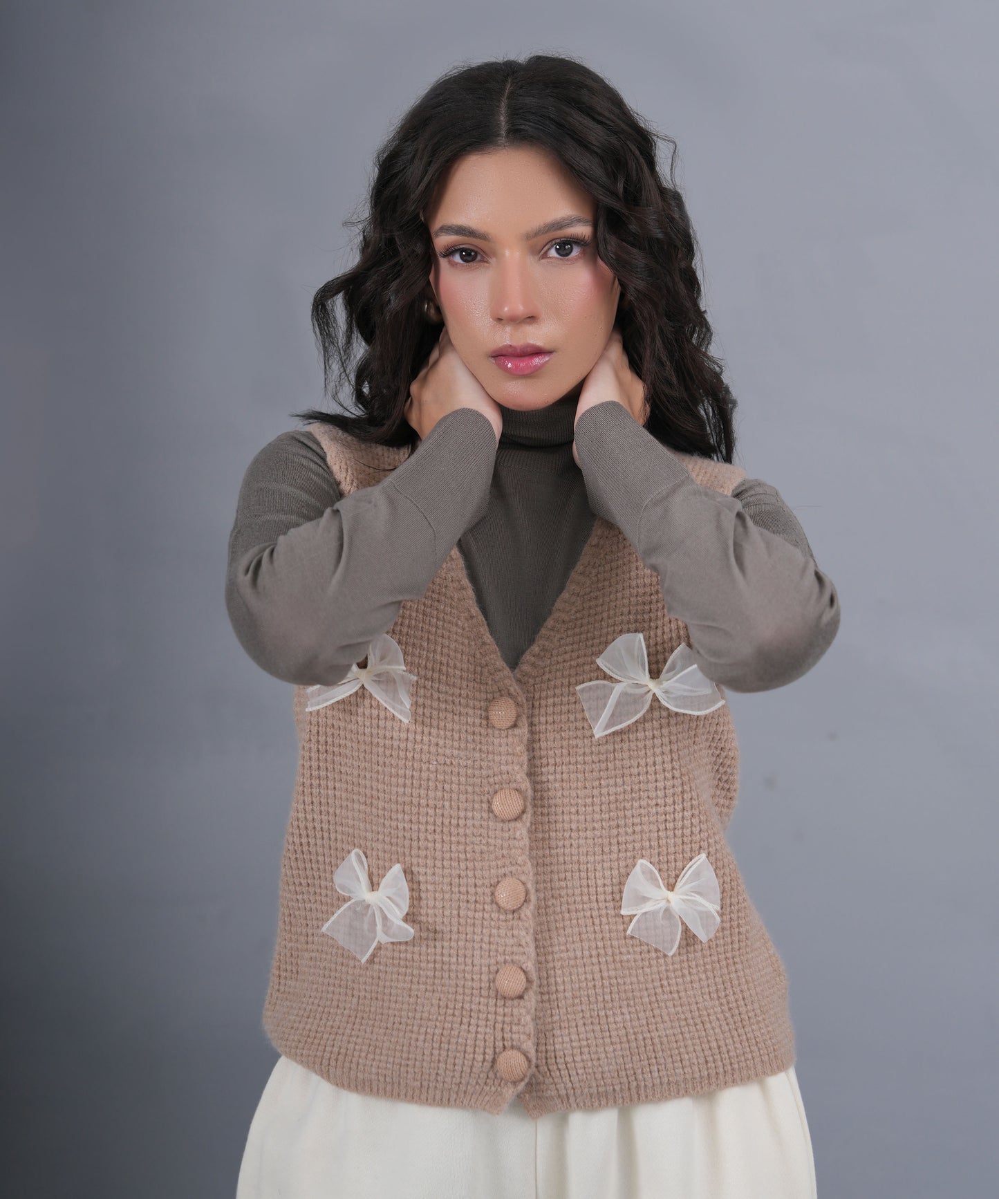 Taupe Turtleneck Knit Sweater
