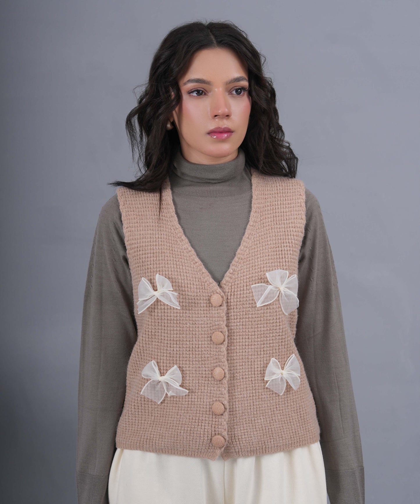 Bow-Detail Knit Vest – Warm Mocha