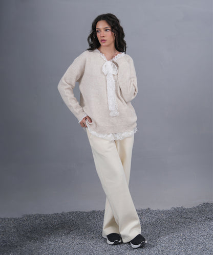 Lace-Trim Knit Sweater with Tie Detail