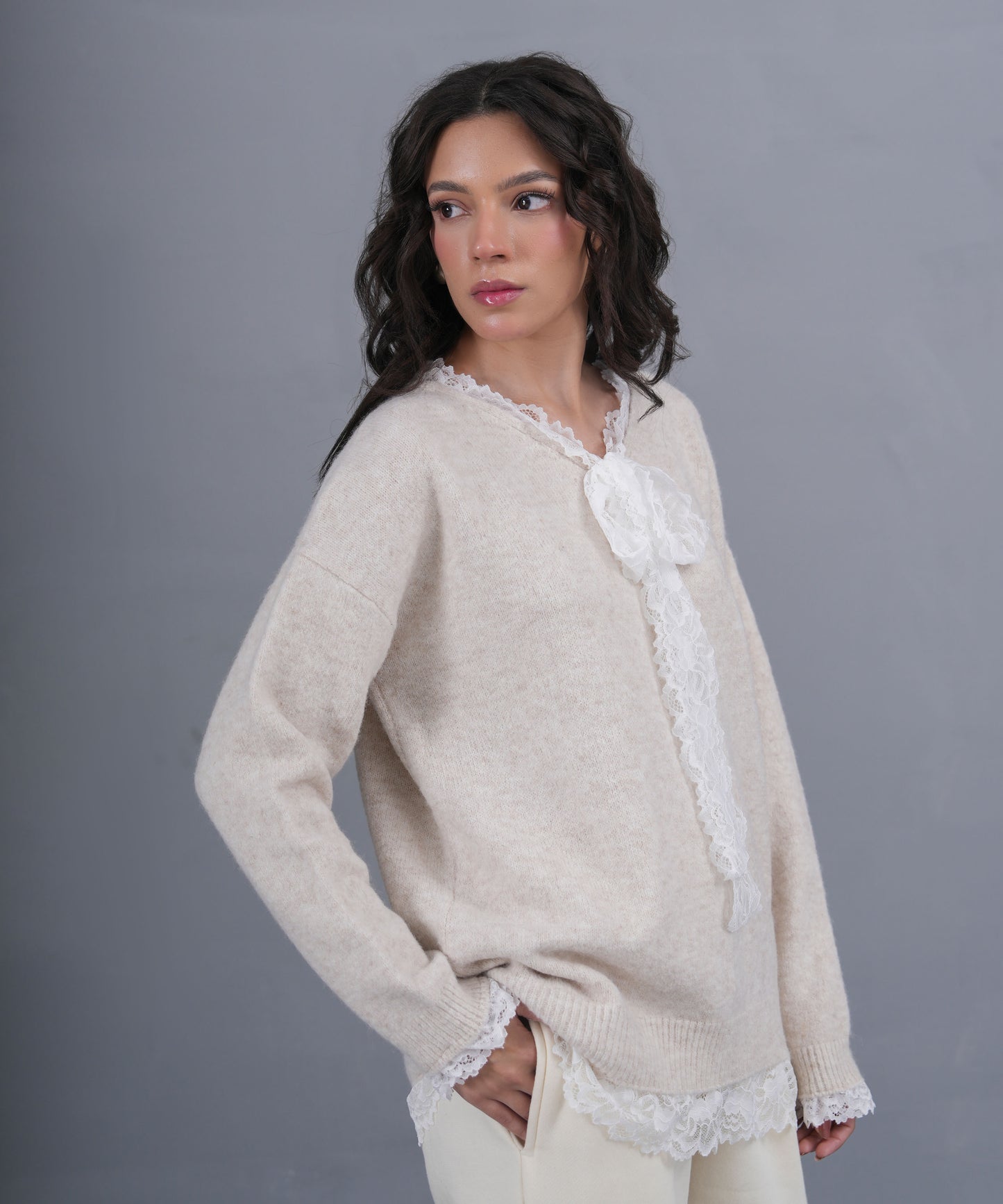 Lace-Trim Knit Sweater with Tie Detail