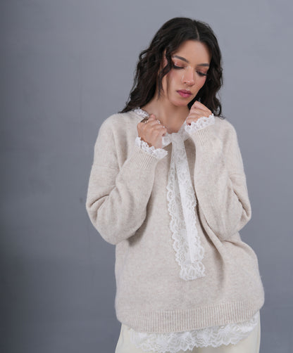 Lace-Trim Knit Sweater with Tie Detail