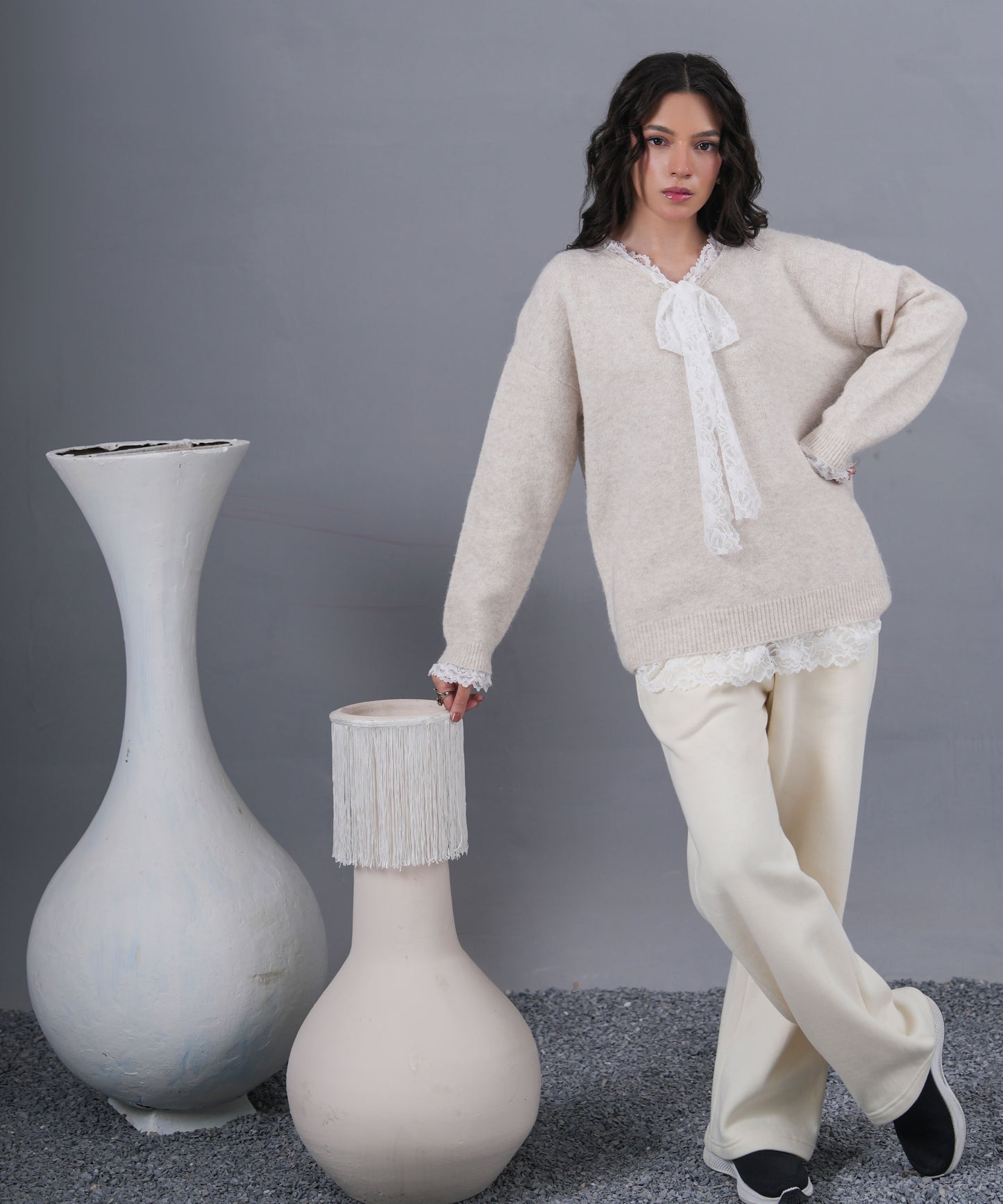 Lace-Trim Knit Sweater with Tie Detail