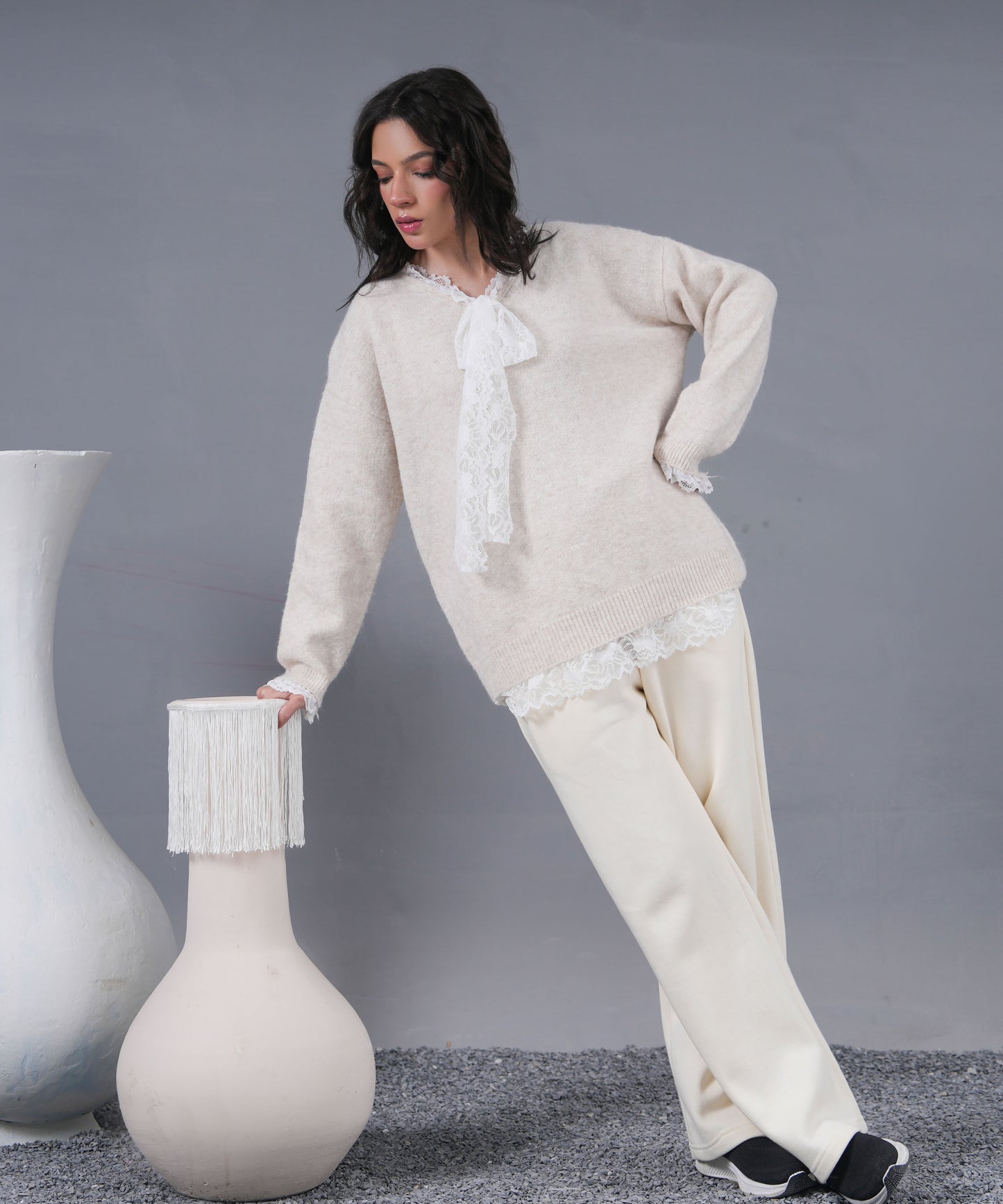 Lace-Trim Knit Sweater with Tie Detail