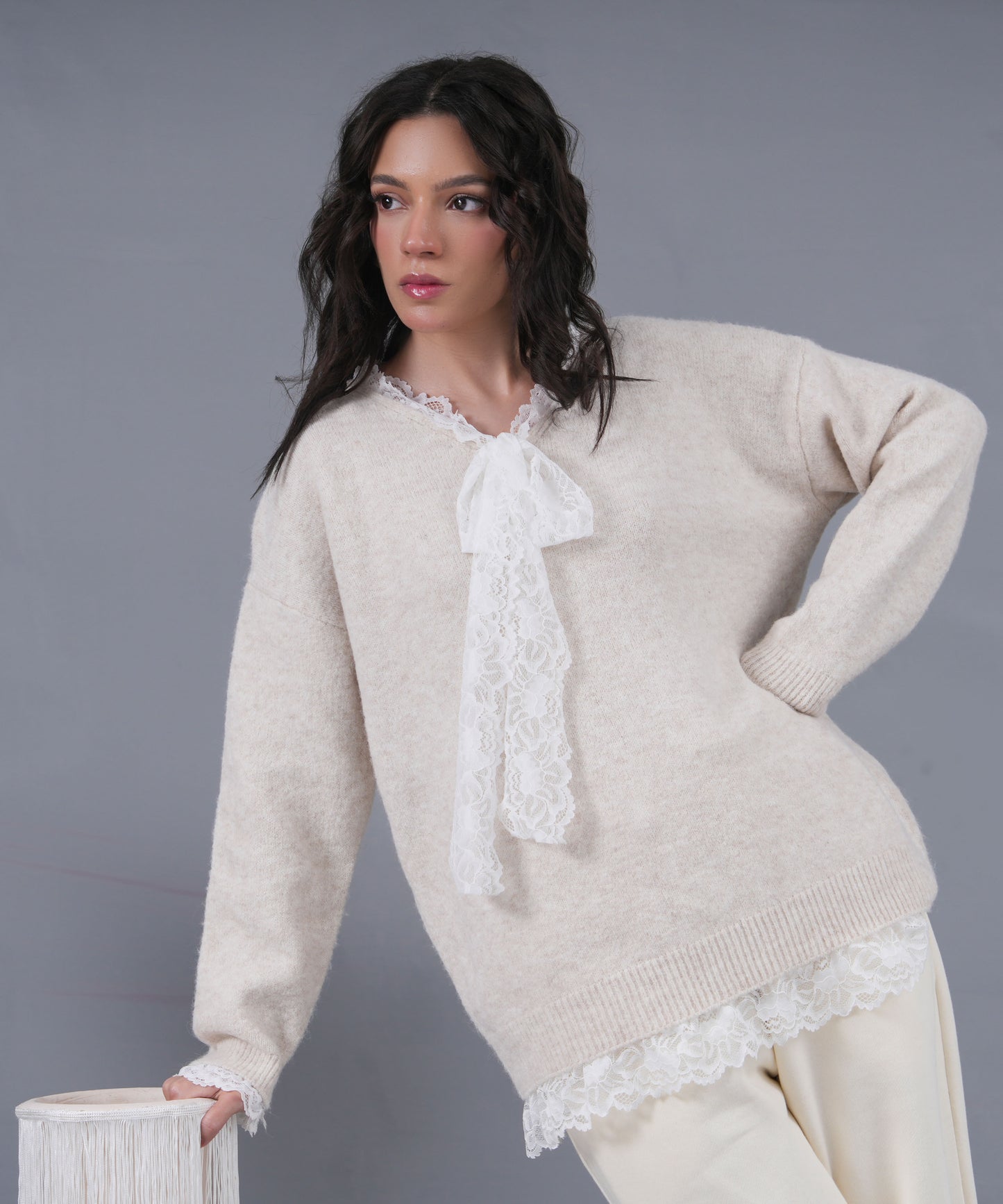 Lace-Trim Knit Sweater with Tie Detail