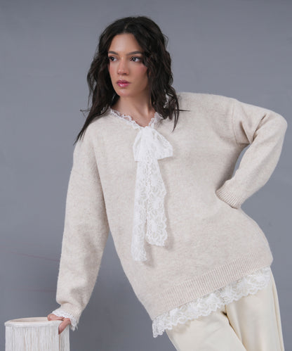 Lace-Trim Knit Sweater with Tie Detail