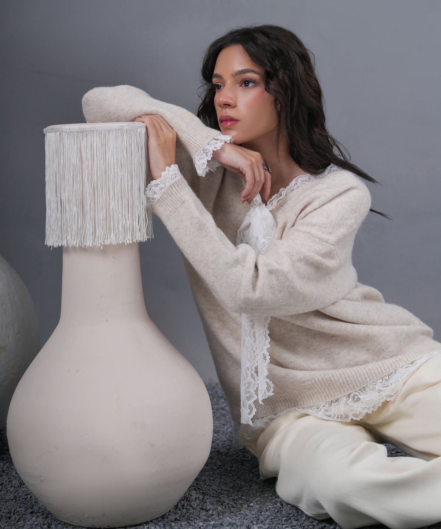 Lace-Trim Knit Sweater with Tie Detail