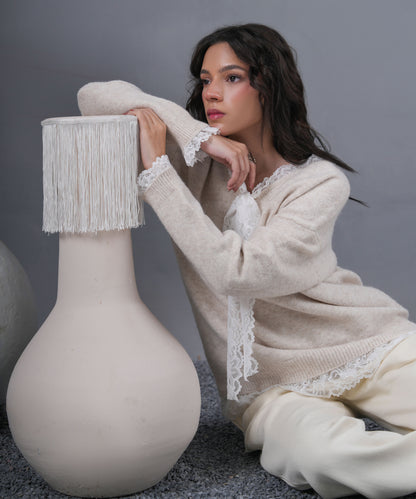 Lace-Trim Knit Sweater with Tie Detail