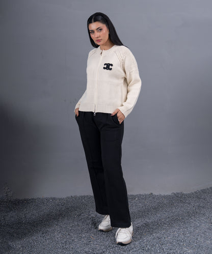 Ivory Zip-Up Knit Cardigan with Signature Logo