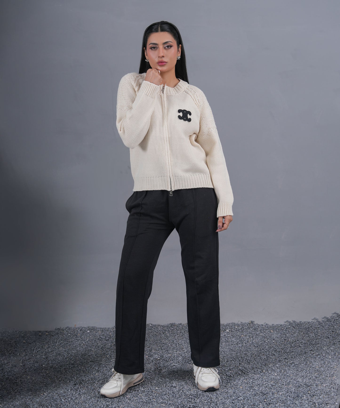 Ivory Zip-Up Knit Cardigan with Signature Logo