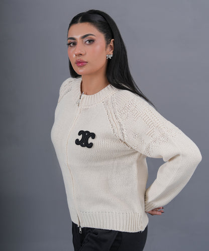 Ivory Zip-Up Knit Cardigan with Signature Logo