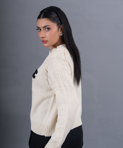Ivory Zip-Up Knit Cardigan with Signature Logo