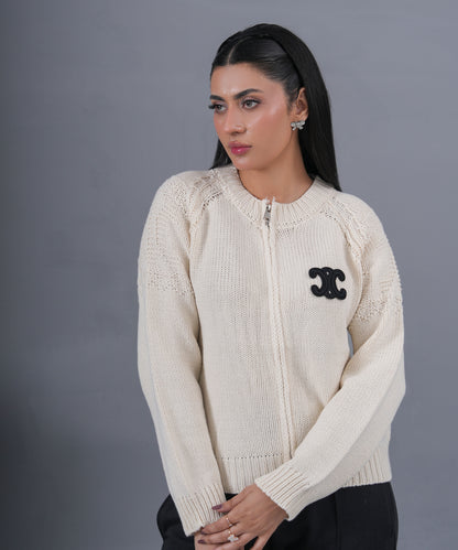 Ivory Zip-Up Knit Cardigan with Signature Logo