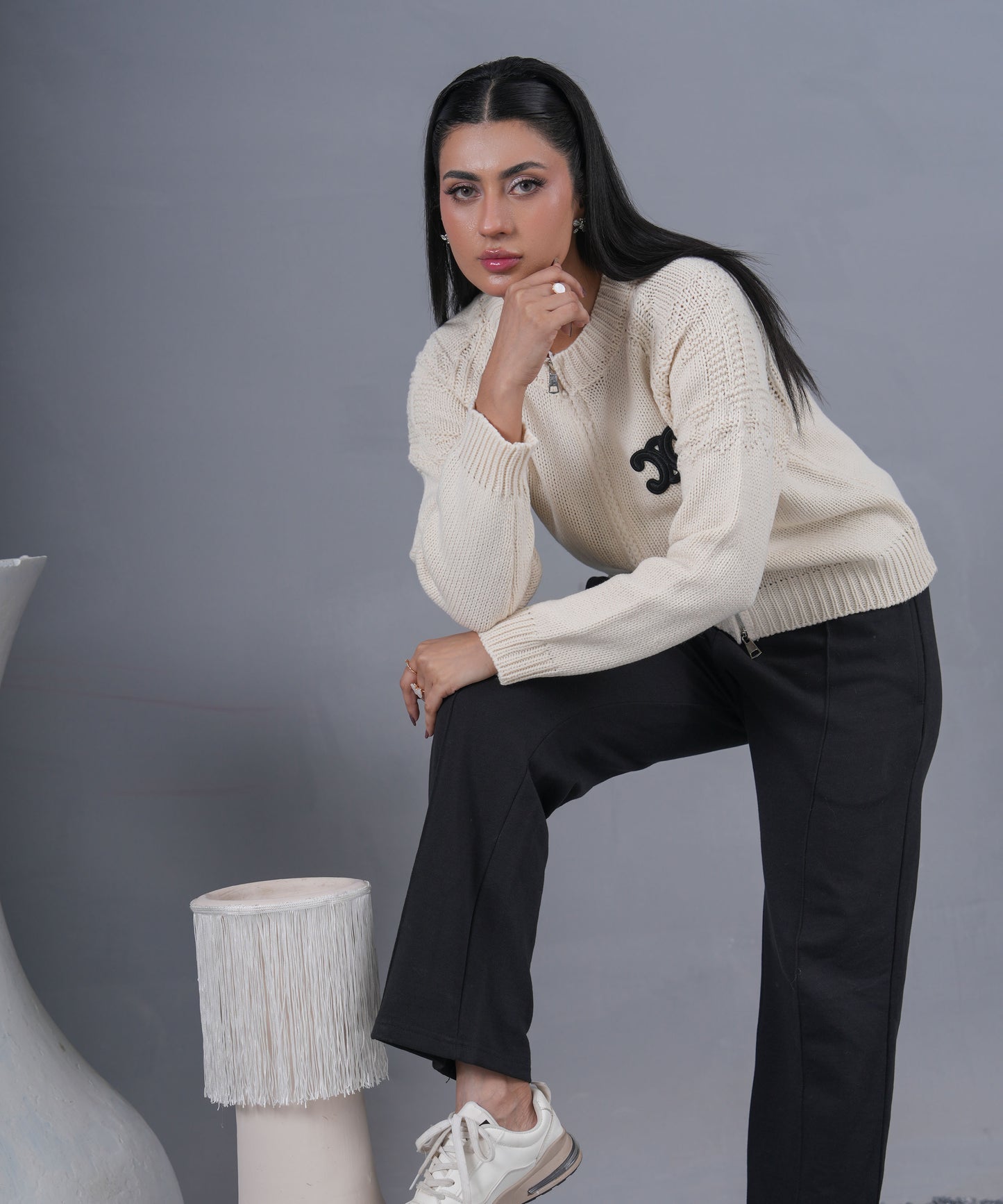 Ivory Zip-Up Knit Cardigan with Signature Logo