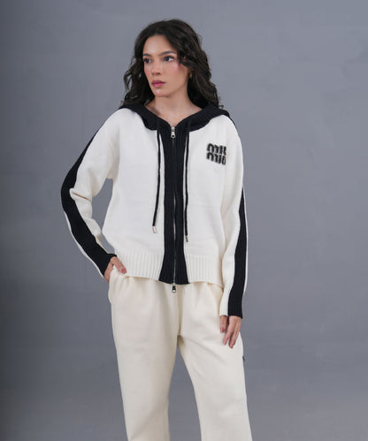 Ivory & Black Zip-Up Knit Hoodie with Logo Detail