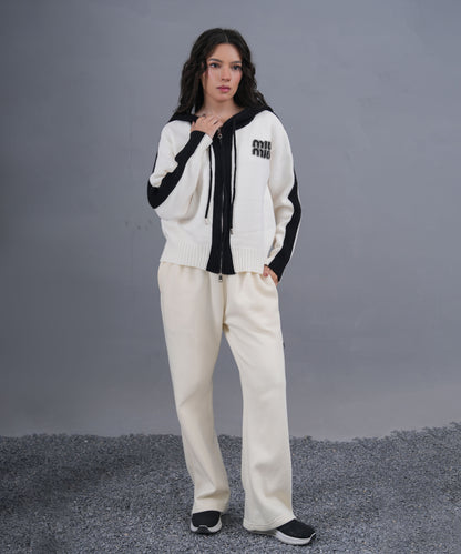 Ivory & Black Zip-Up Knit Hoodie with Logo Detail