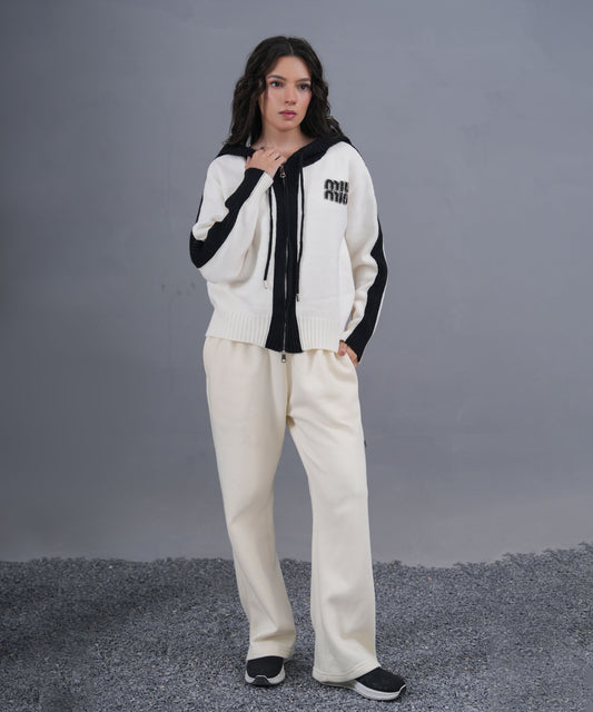 Ivory & Black Zip-Up Knit Hoodie with Logo Detail