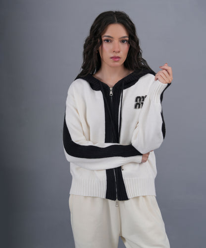 Ivory & Black Zip-Up Knit Hoodie with Logo Detail