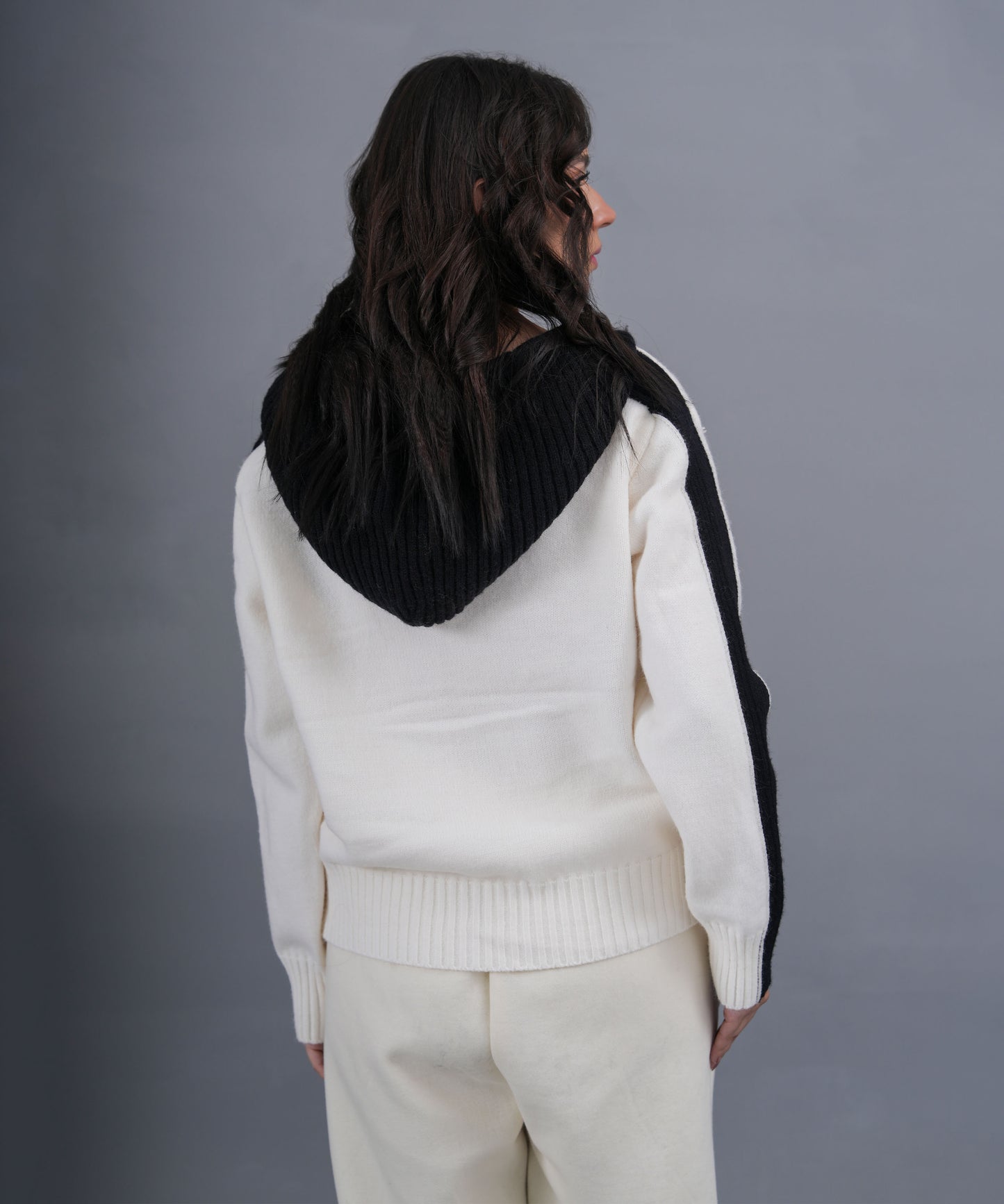 Ivory & Black Zip-Up Knit Hoodie with Logo Detail