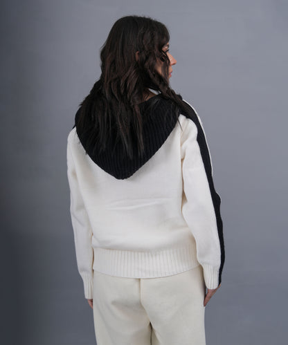 Ivory & Black Zip-Up Knit Hoodie with Logo Detail