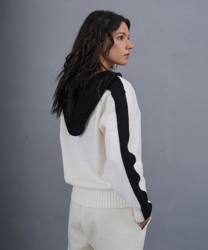 Ivory & Black Zip-Up Knit Hoodie with Logo Detail
