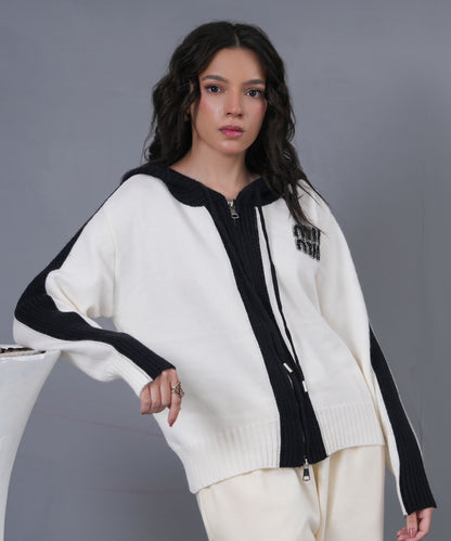 Ivory & Black Zip-Up Knit Hoodie with Logo Detail
