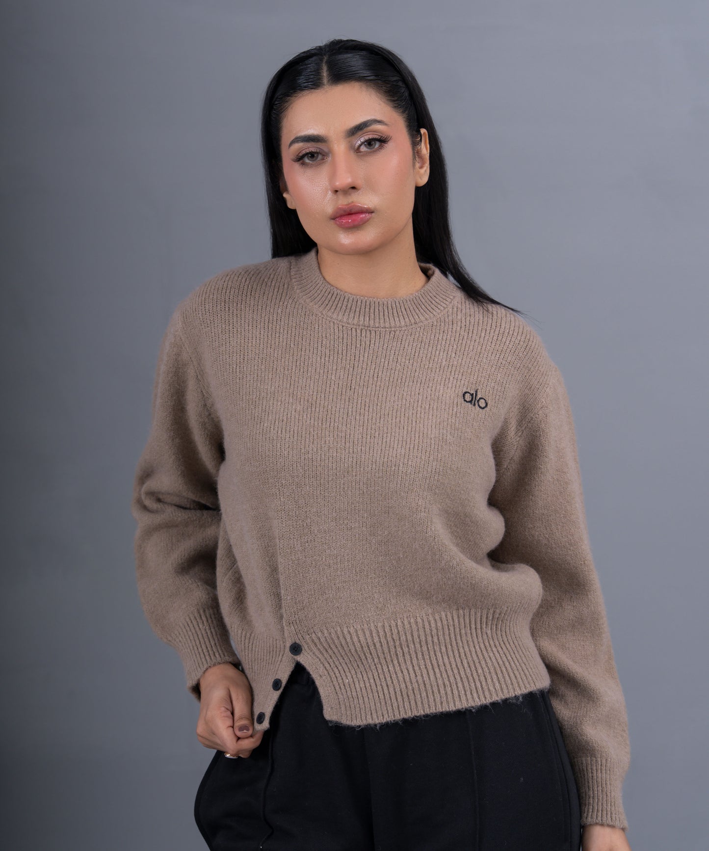 Sandstone Asymmetric Button Knit Pullover