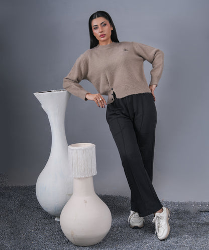 Sandstone Asymmetric Button Knit Pullover