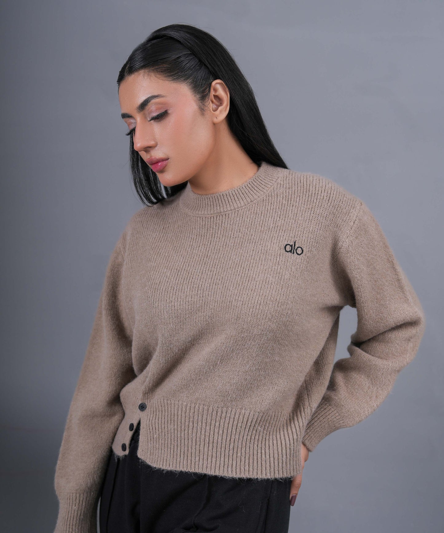 Sandstone Asymmetric Button Knit Pullover