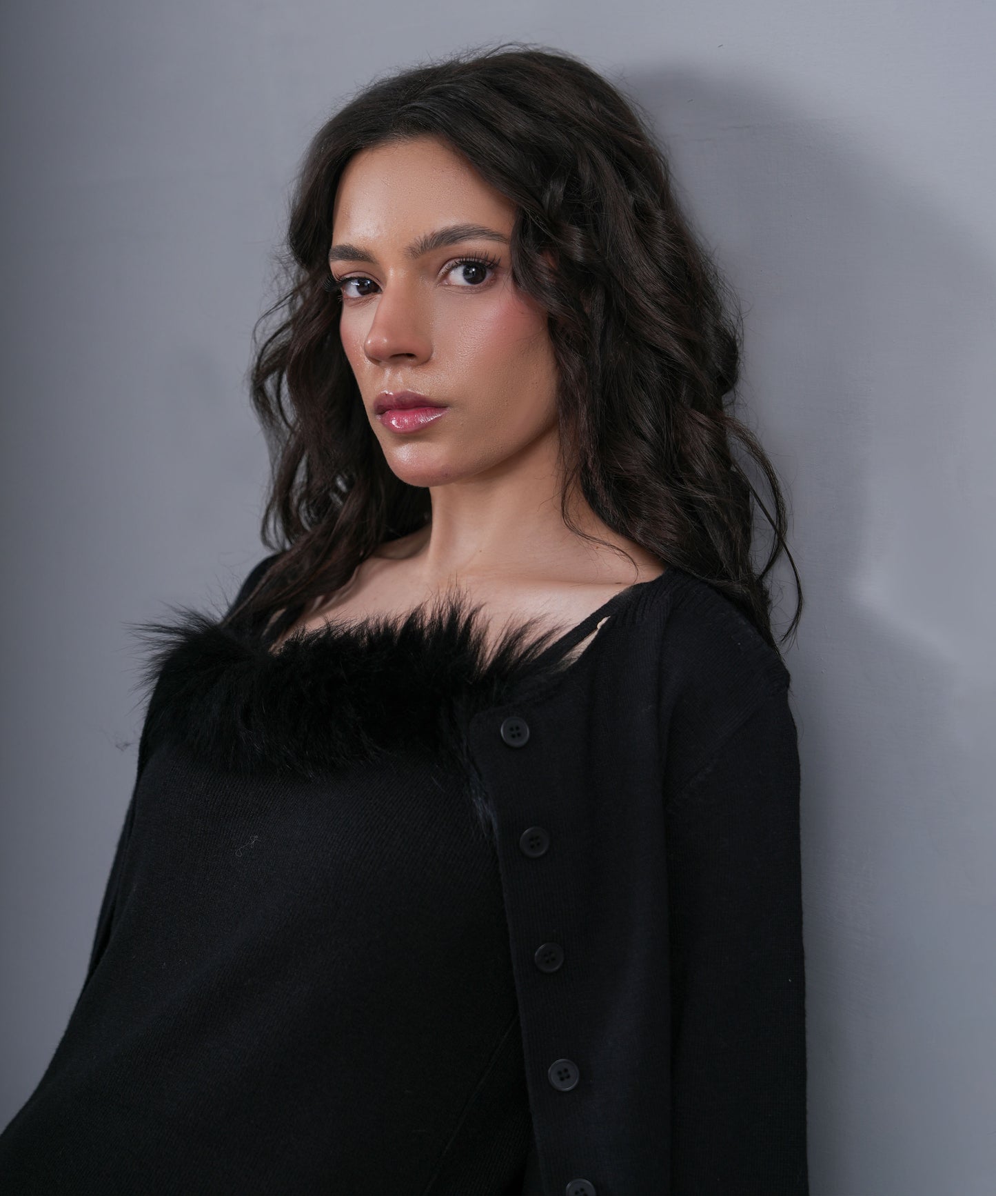 Black Off-Shoulder Knit Maxi Dress with Faux Fur