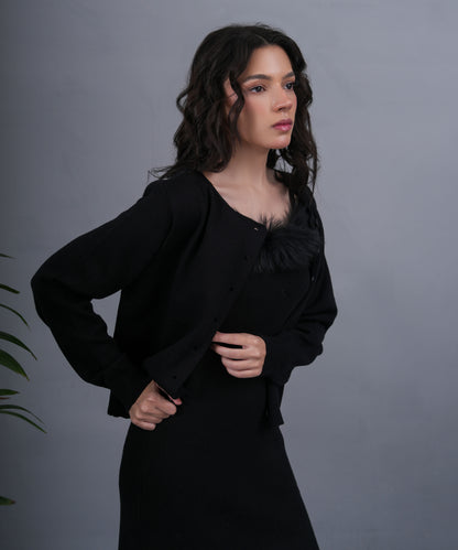 Black Off-Shoulder Knit Maxi Dress with Faux Fur