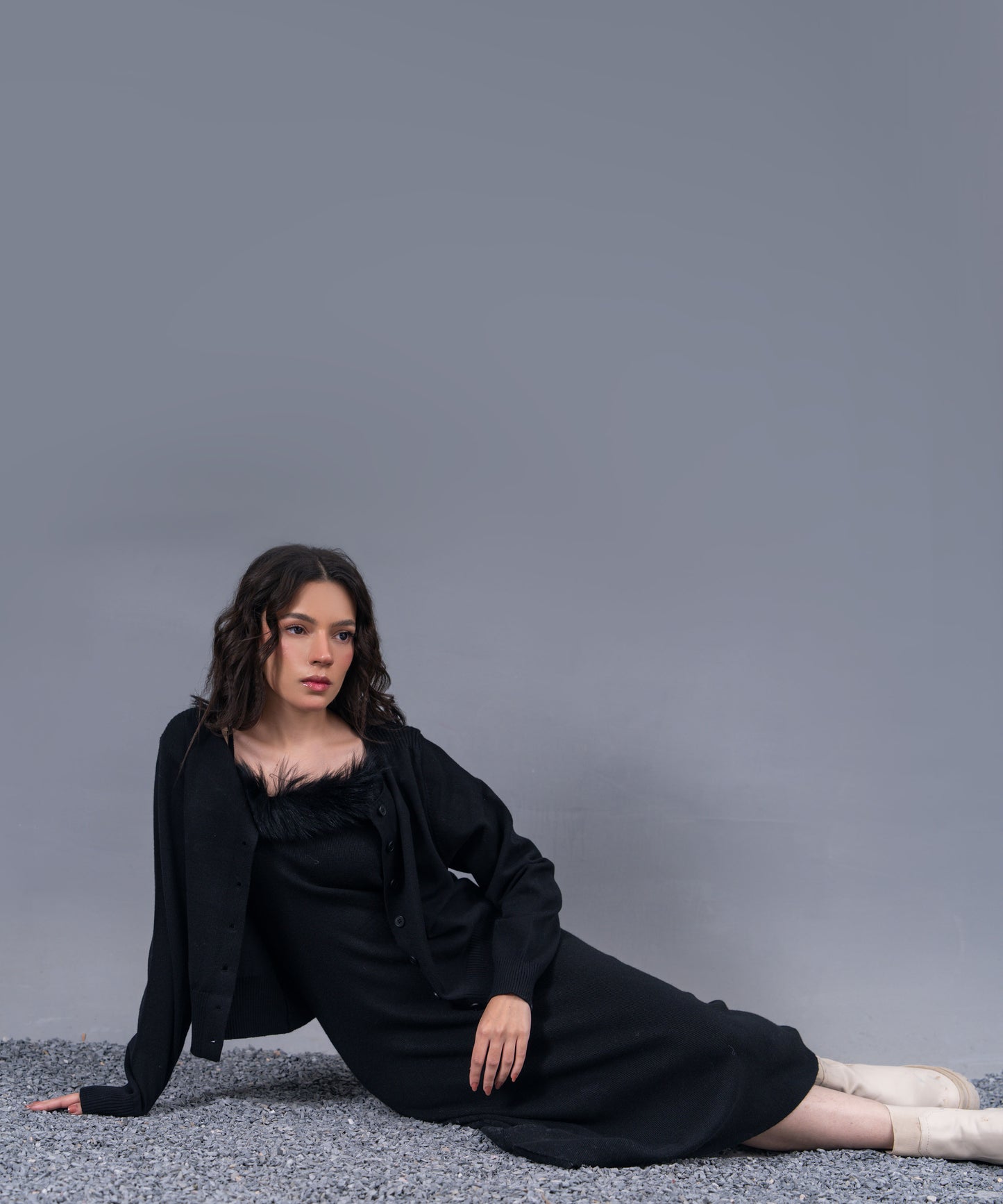 Black Off-Shoulder Knit Maxi Dress with Faux Fur